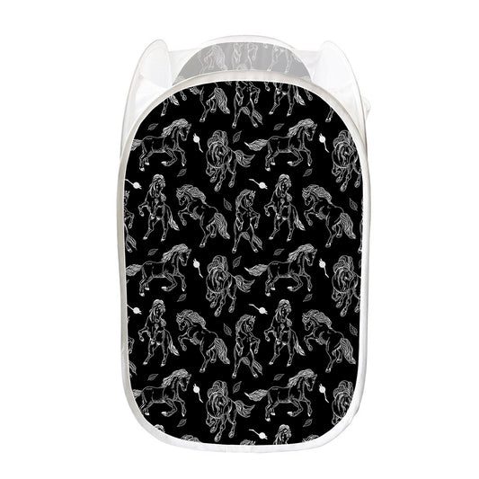 Black And White Horse Pattern Print Mesh Laundry Hamper