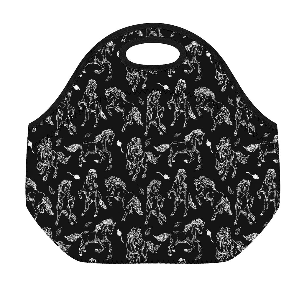 Black And White Horse Pattern Print Neoprene Lunch Bag