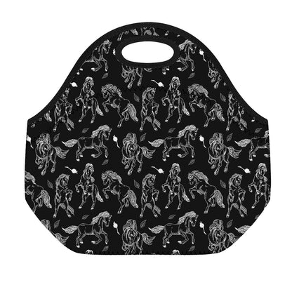 Black And White Horse Pattern Print Neoprene Lunch Bag