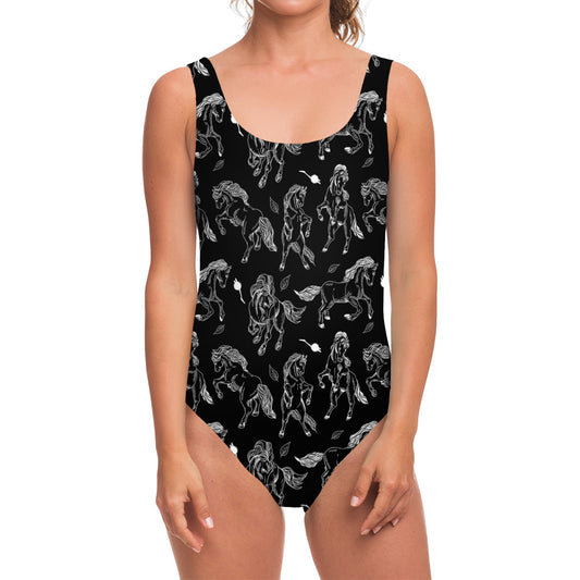 Black And White Horse Pattern Print One Piece Swimsuit