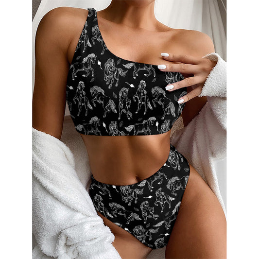 Black And White Horse Pattern Print One Shoulder Bikini Top