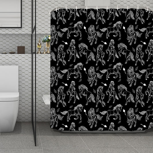 Black And White Horse Pattern Print Polyester Shower Curtain