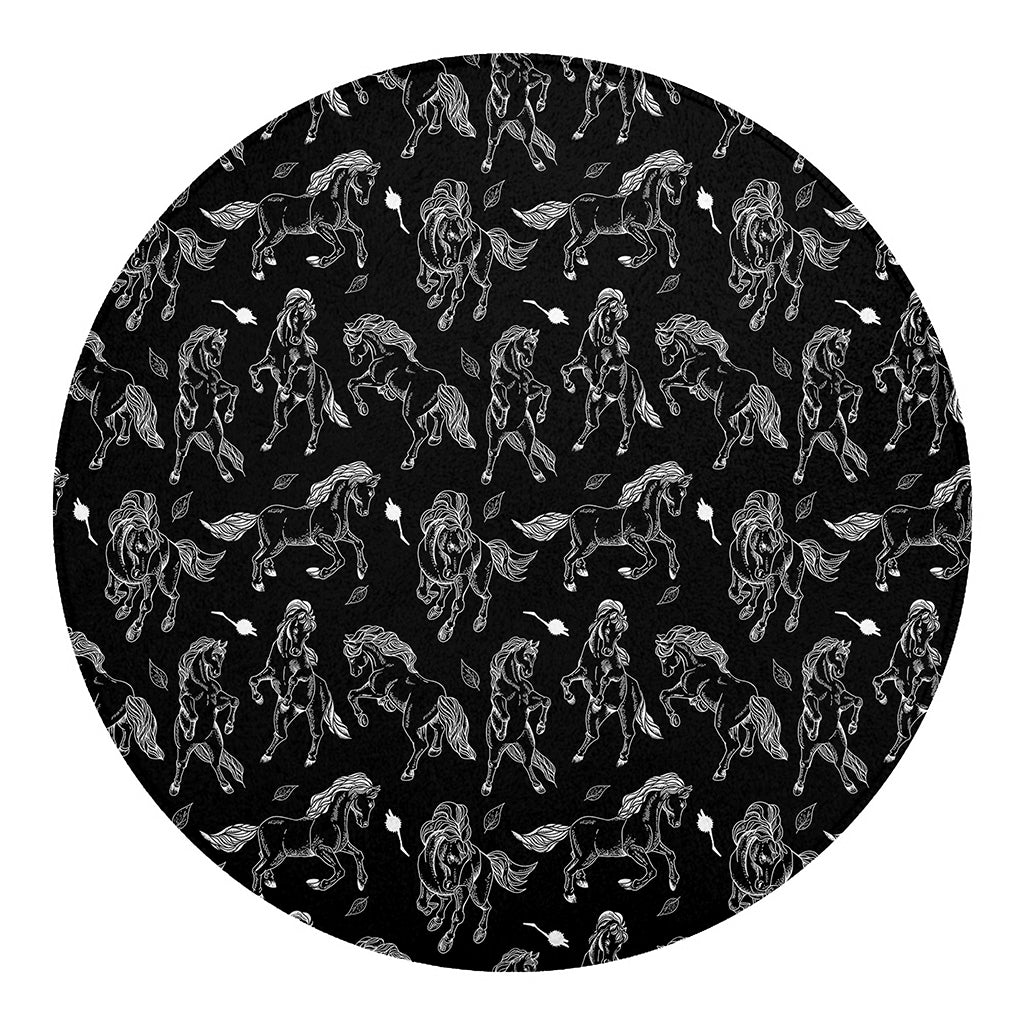 Black And White Horse Pattern Print Round Blanket