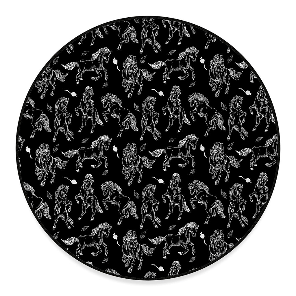 Black And White Horse Pattern Print Round Floor Mat