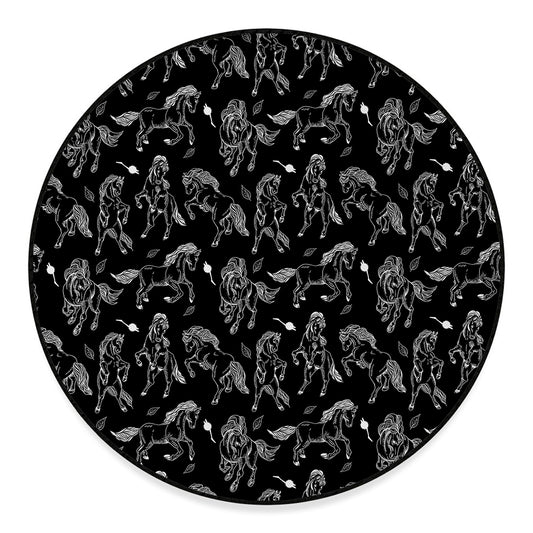 Black And White Horse Pattern Print Round Floor Mat