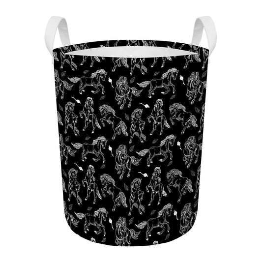 Black And White Horse Pattern Print Round Laundry Basket