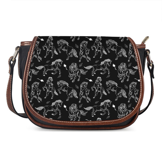 Black And White Horse Pattern Print Saddle Bag