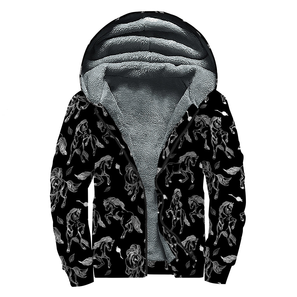 Black And White Horse Pattern Print Sherpa Lined Zip Up Hoodie