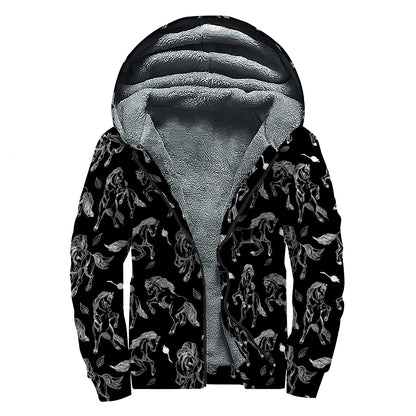 Black And White Horse Pattern Print Sherpa Lined Zip Up Hoodie