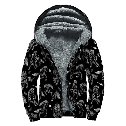 Black And White Horse Pattern Print Sherpa Lined Zip Up Hoodie