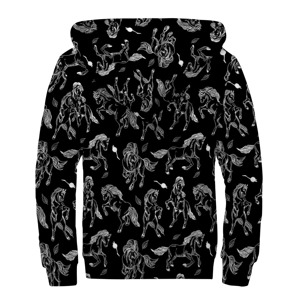 Black And White Horse Pattern Print Sherpa Lined Zip Up Hoodie