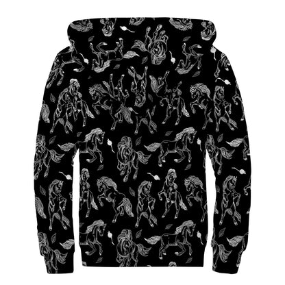 Black And White Horse Pattern Print Sherpa Lined Zip Up Hoodie