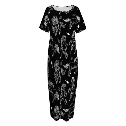 Black And White Horse Pattern Print Short Sleeve Long Nightdress