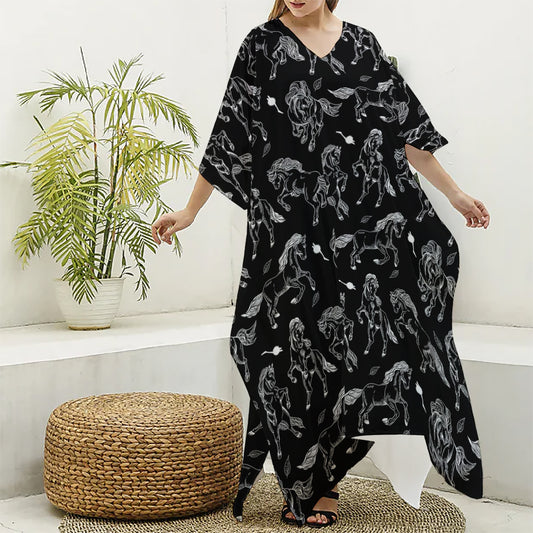 Black And White Horse Pattern Print Silk V-Neck Kaftan Dress