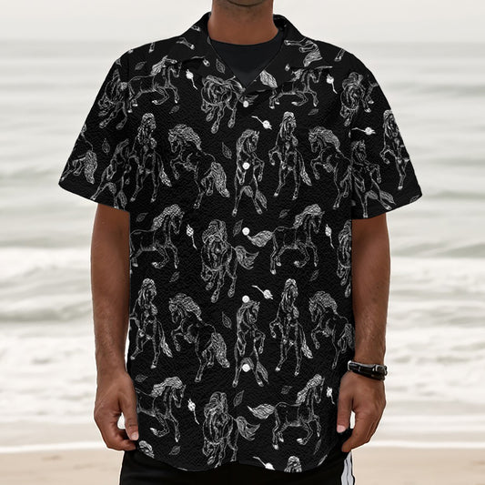 Black And White Horse Pattern Print Textured Short Sleeve Shirt