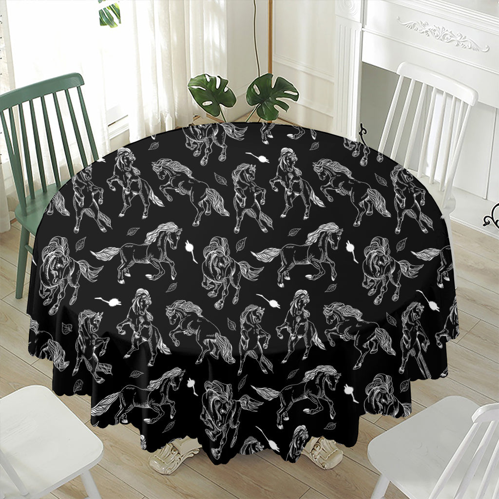 Black And White Horse Pattern Print Waterproof Round Tablecloth