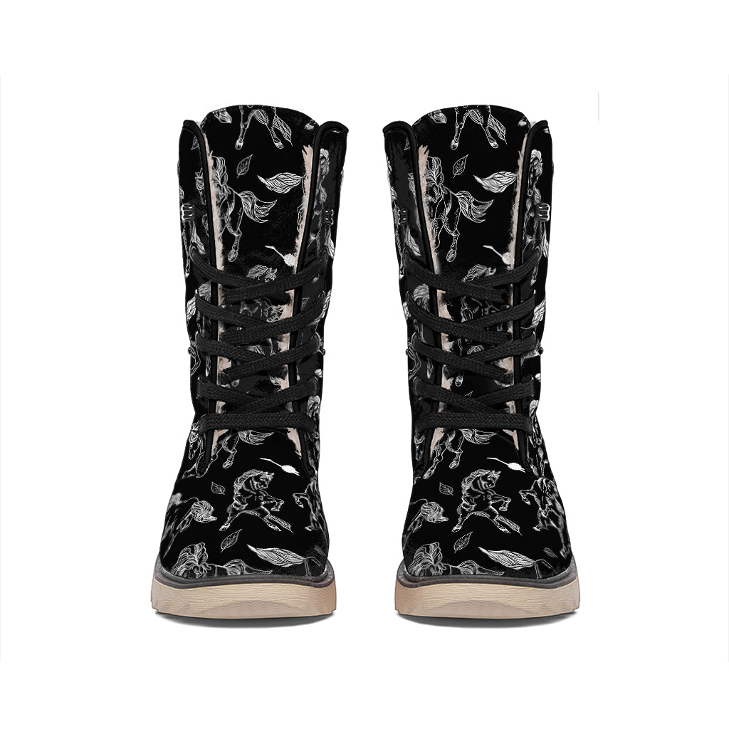 Black And White Horse Pattern Print Winter Boots