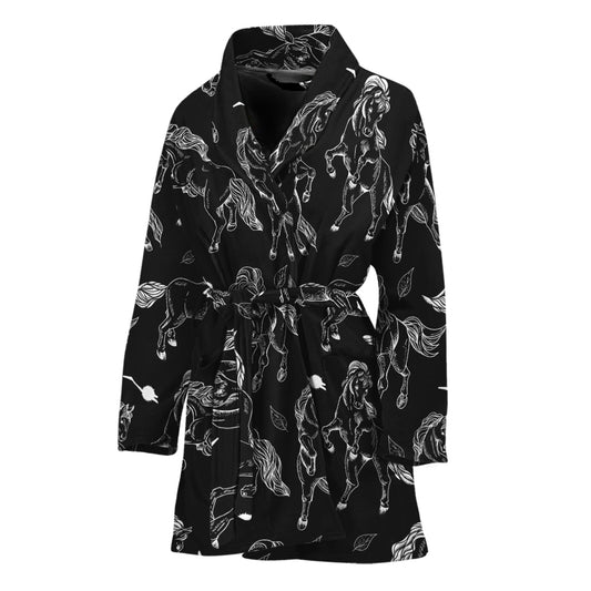 Black And White Horse Pattern Print Women's Bathrobe