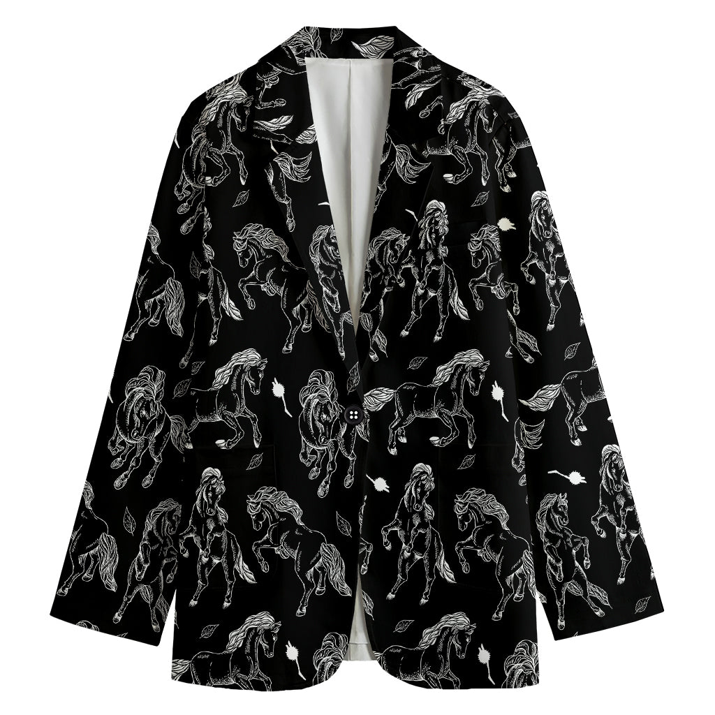 Black And White Horse Pattern Print Women's Cotton Blazer