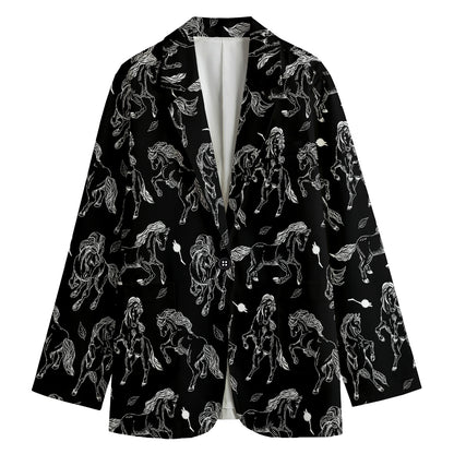 Black And White Horse Pattern Print Women's Cotton Blazer