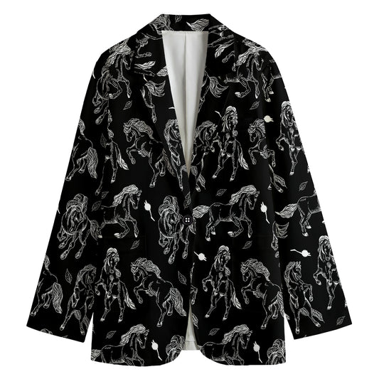 Black And White Horse Pattern Print Women's Cotton Blazer
