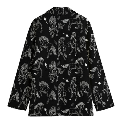 Black And White Horse Pattern Print Women's Cotton Blazer