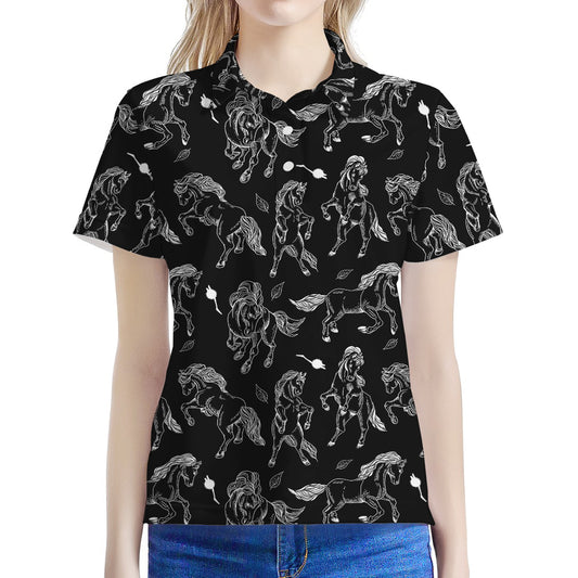 Black And White Horse Pattern Print Women's Polo Shirt