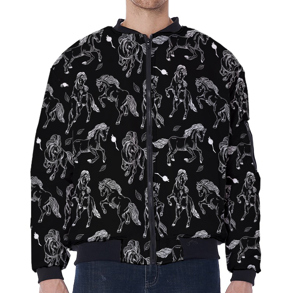 Black And White Horse Pattern Print Zip Sleeve Bomber Jacket