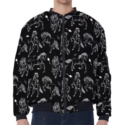 Black And White Horse Pattern Print Zip Sleeve Bomber Jacket