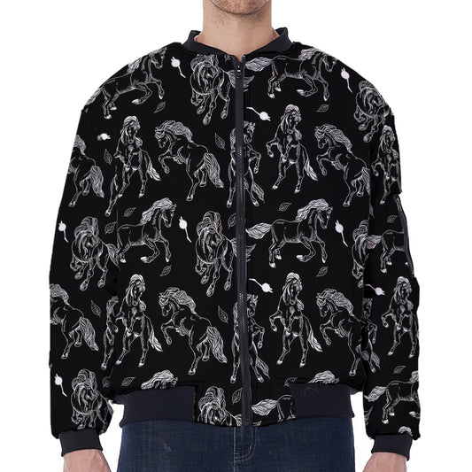 Black And White Horse Pattern Print Zip Sleeve Bomber Jacket