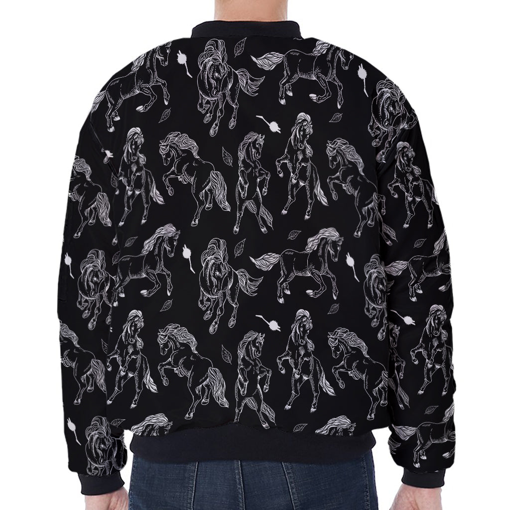 Black And White Horse Pattern Print Zip Sleeve Bomber Jacket
