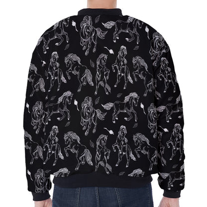 Black And White Horse Pattern Print Zip Sleeve Bomber Jacket