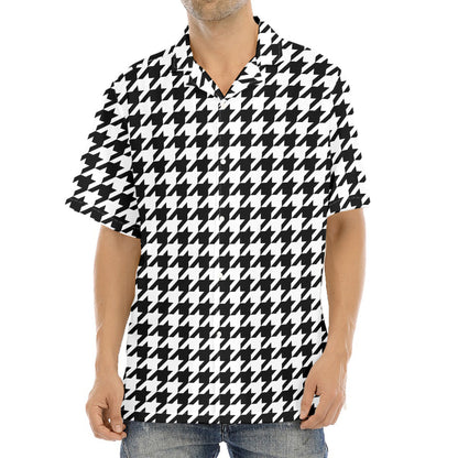Black And White Houndstooth Print Aloha Shirt