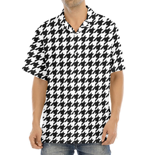 Black And White Houndstooth Print Aloha Shirt