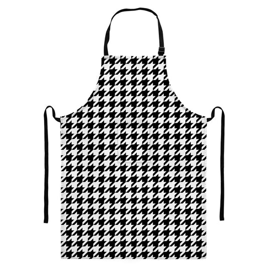 Black And White Houndstooth Print Bib Apron With Pocket