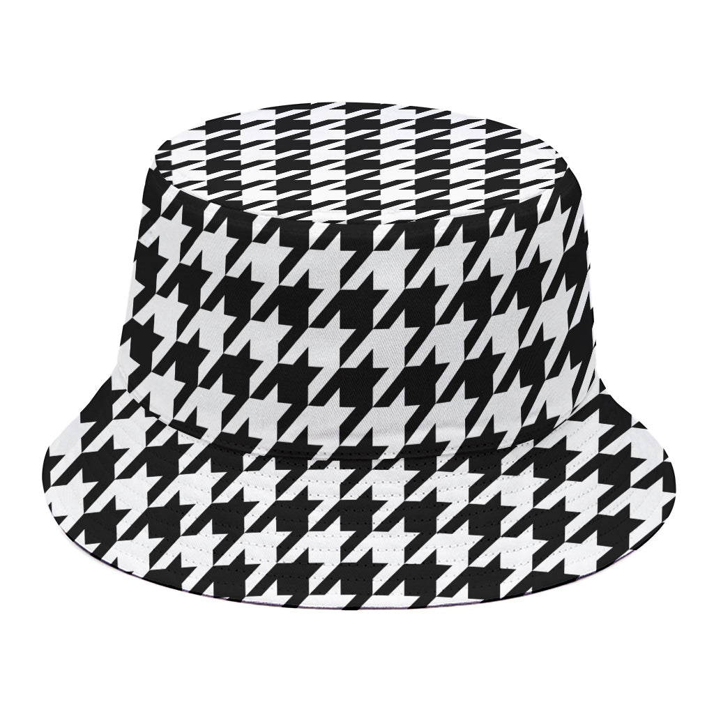 Black And White Houndstooth Print Bucket Hat