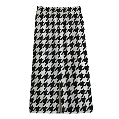 Black And White Houndstooth Print Cotton Front Slit Maxi Skirt