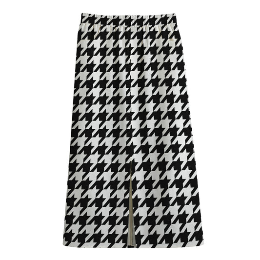 Black And White Houndstooth Print Cotton Front Slit Maxi Skirt