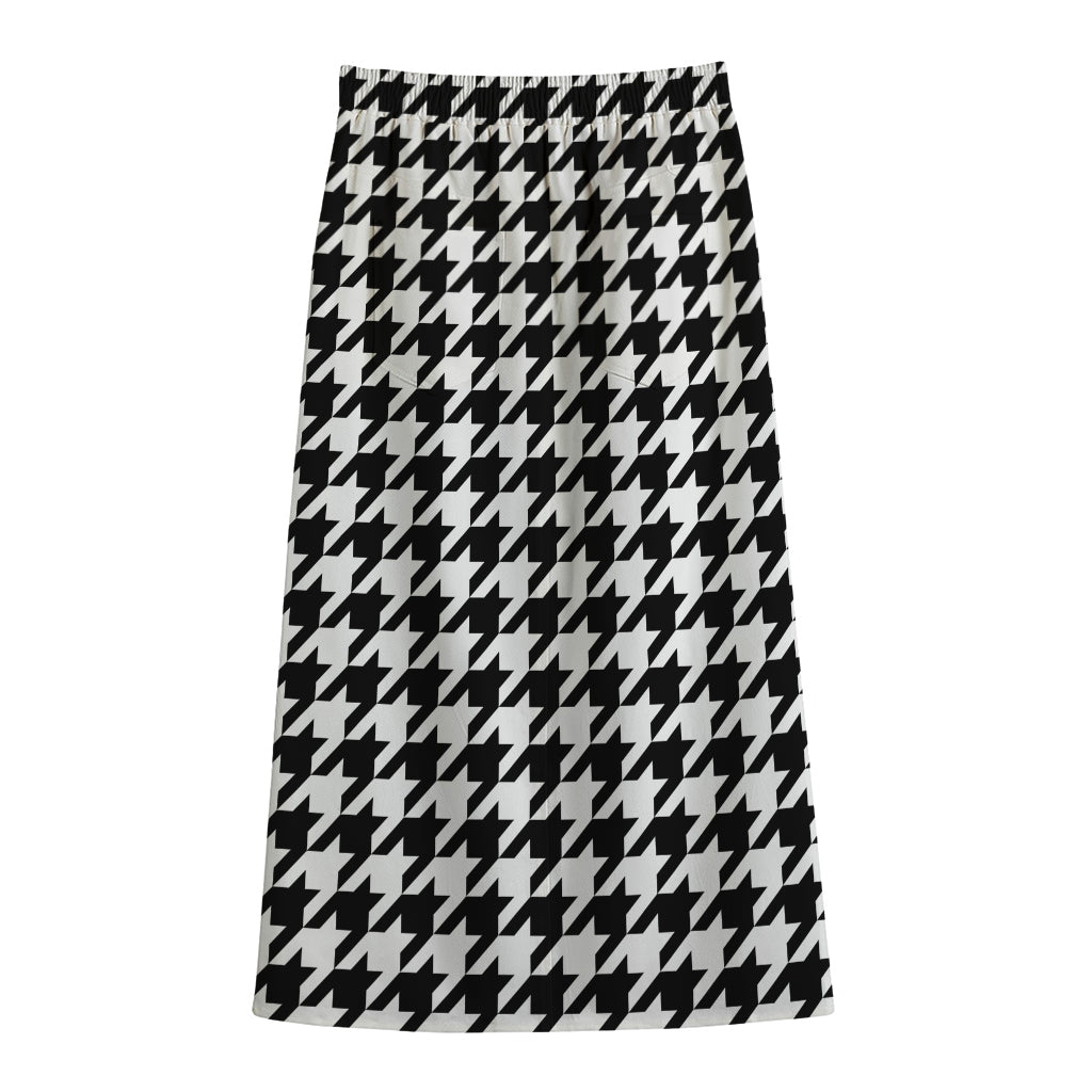 Black And White Houndstooth Print Cotton Front Slit Maxi Skirt