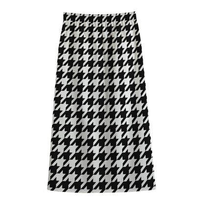 Black And White Houndstooth Print Cotton Front Slit Maxi Skirt