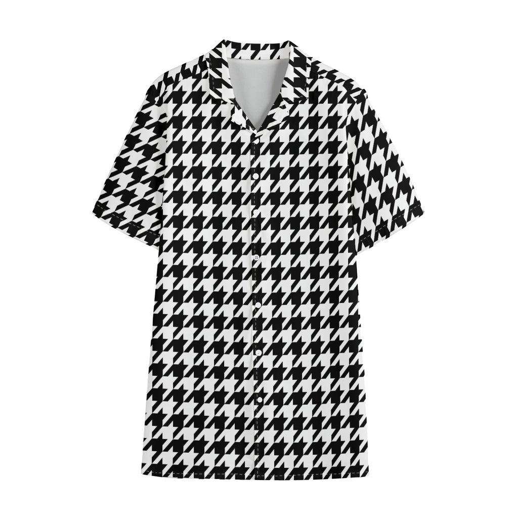 Black And White Houndstooth Print Cotton Hawaiian Shirt