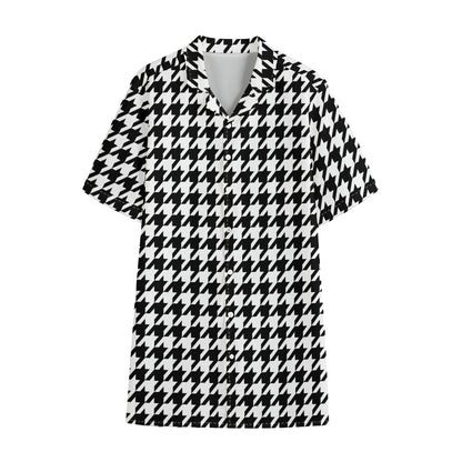 Black And White Houndstooth Print Cotton Hawaiian Shirt