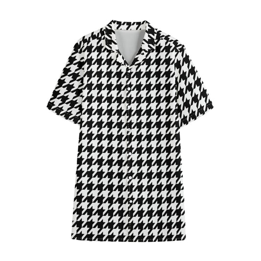 Black And White Houndstooth Print Cotton Hawaiian Shirt
