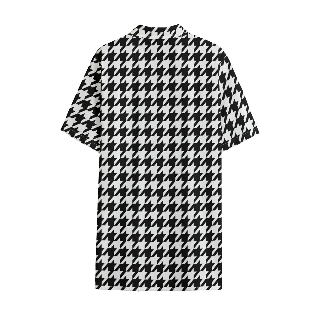 Black And White Houndstooth Print Cotton Hawaiian Shirt