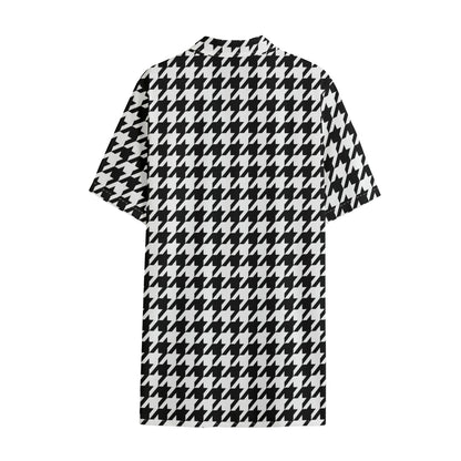 Black And White Houndstooth Print Cotton Hawaiian Shirt