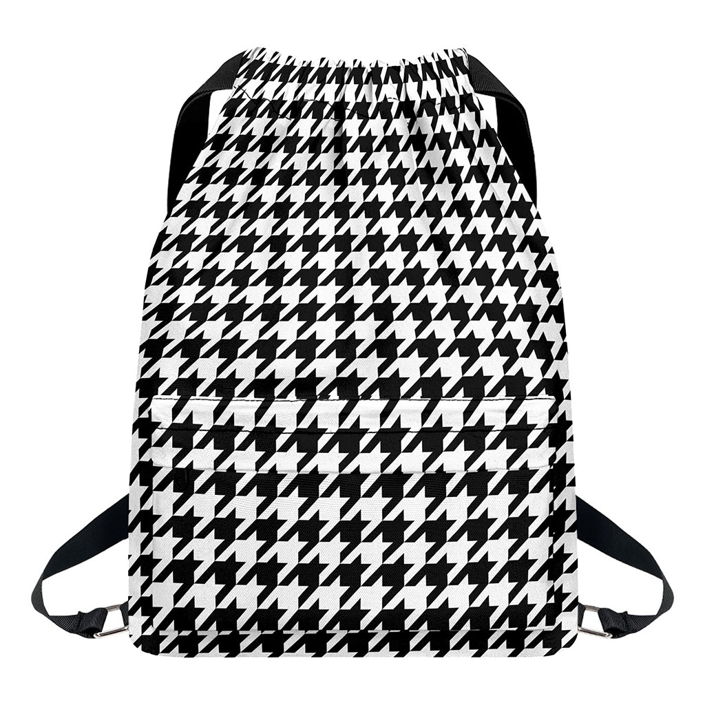 Black And White Houndstooth Print Drawstring Backpack