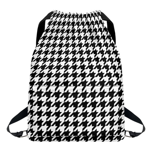 Black And White Houndstooth Print Drawstring Backpack