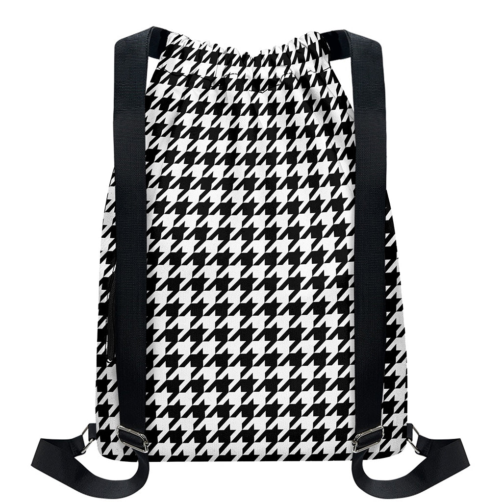 Black And White Houndstooth Print Drawstring Backpack