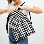 Black And White Houndstooth Print Drawstring Backpack