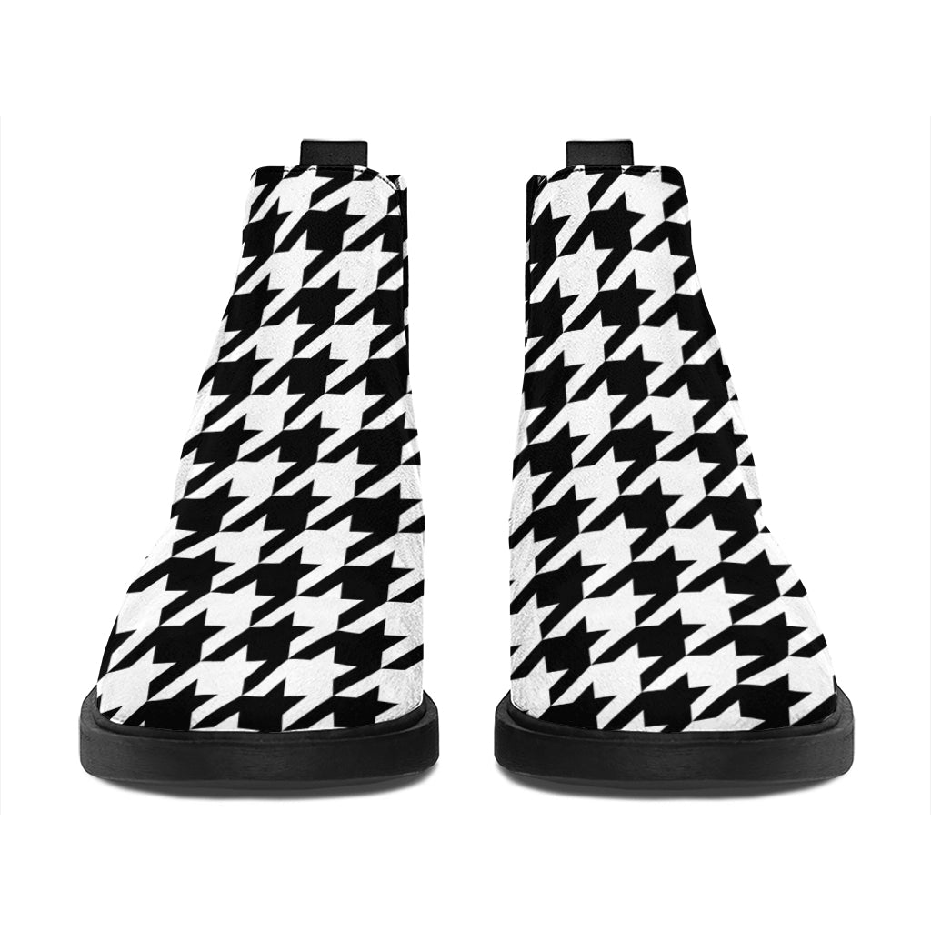 Black And White Houndstooth Print Flat Ankle Boots